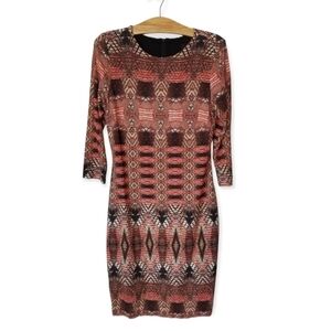90s y2K Karen Kane Bodycon Dress S/M , Boho Abstract Print Midi Sheath Dress